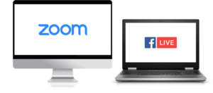 Image of computers with Zoom and FB Live logos on screen.