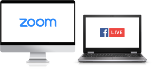 Image of computers with Zoom and FB Live logos on screen.